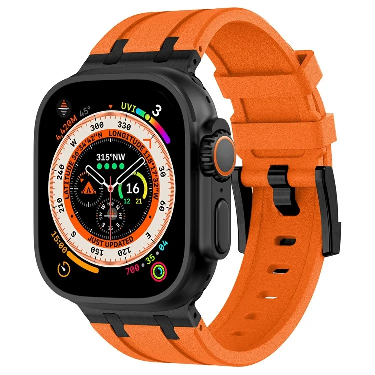 Для Apple Watch 10 46mm / Ultra 2 / Ultra 49mm / 9 8 7 45mm / SE (2023) SE (2022) SE 6 5 4 44mm / 3 2 1 42mm Ремешок с каменной текстурой - Черный+Оранжевый