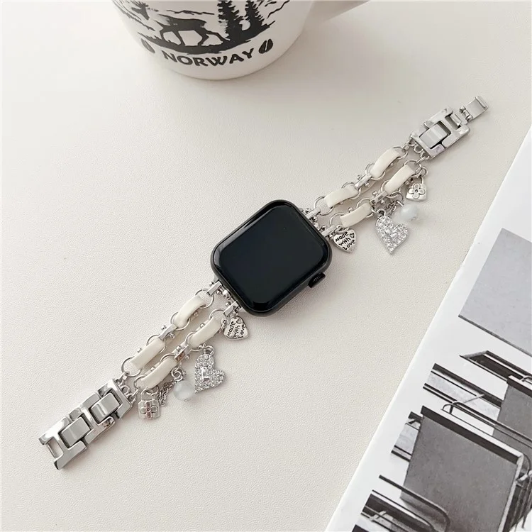Bela Pulseira de Relógio Pendente para Apple Watch Series 10 42mm / 9 8 7 41mm / SE (2023) SE (2022) SE 6 5 4 40mm / 3 2 1 38mm Liga de Zinco+Couro - Prata+Branco