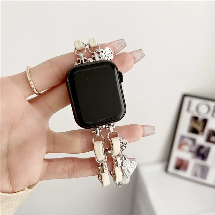 Bela Pulseira de Relógio Pendente para Apple Watch Series 10 42mm / 9 8 7 41mm / SE (2023) SE (2022) SE 6 5 4 40mm / 3 2 1 38mm Liga de Zinco+Couro - Prata+Branco