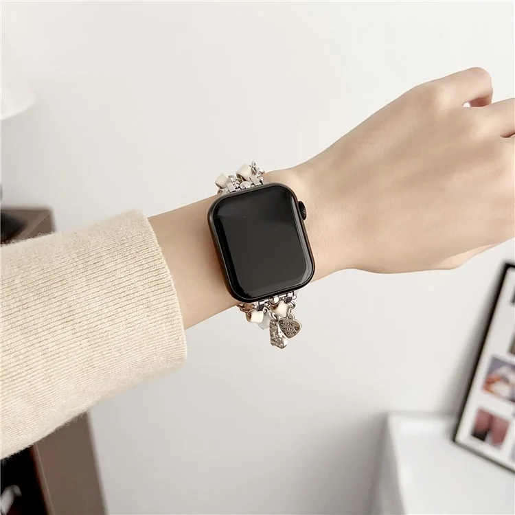 Bela Pulseira de Relógio Pendente para Apple Watch Series 10 42mm / 9 8 7 41mm / SE (2023) SE (2022) SE 6 5 4 40mm / 3 2 1 38mm Liga de Zinco+Couro - Prata+Branco