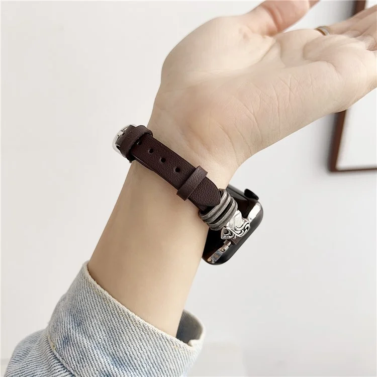 Pour Apple Watch Series 10 46mm / Ultra 2 / Ultra 49mm / 9 8 7 45mm / SE (2023) SE (2022) SE 6 5 4 44mm / 3 2 1 42mm Genuine Leather Watch Strap - Café