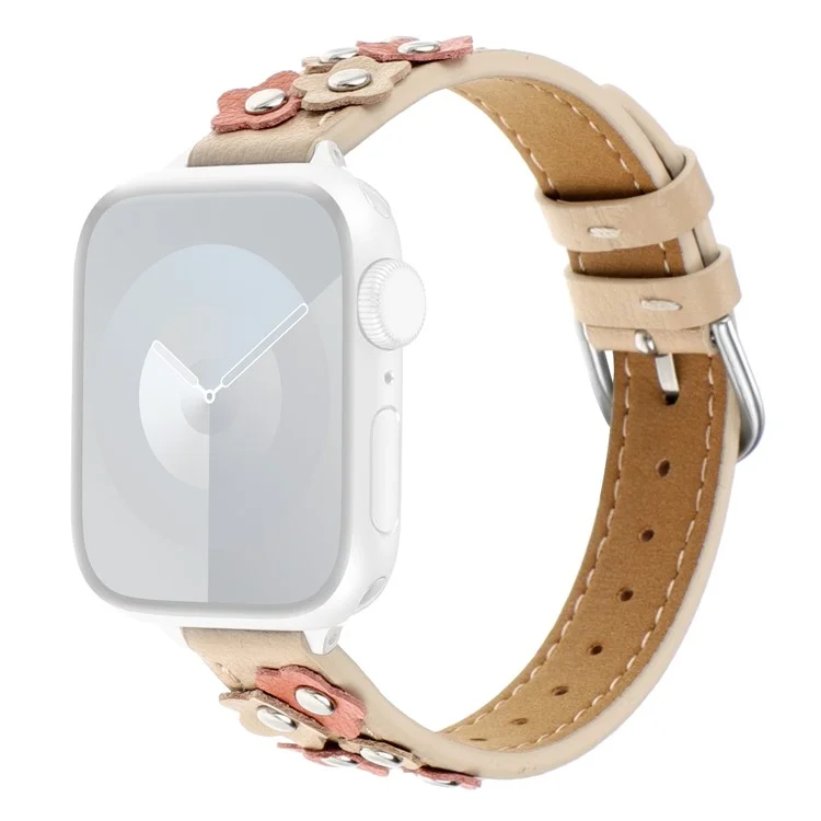 Watch Band for Apple Watch Series 10 42mm / 9 8 7 41mm / SE (2023) SE (2022) SE 6 5 4 40mm / 3 2 1 38mm PU Leather Watch Strap with Flower Rivets - Apricot