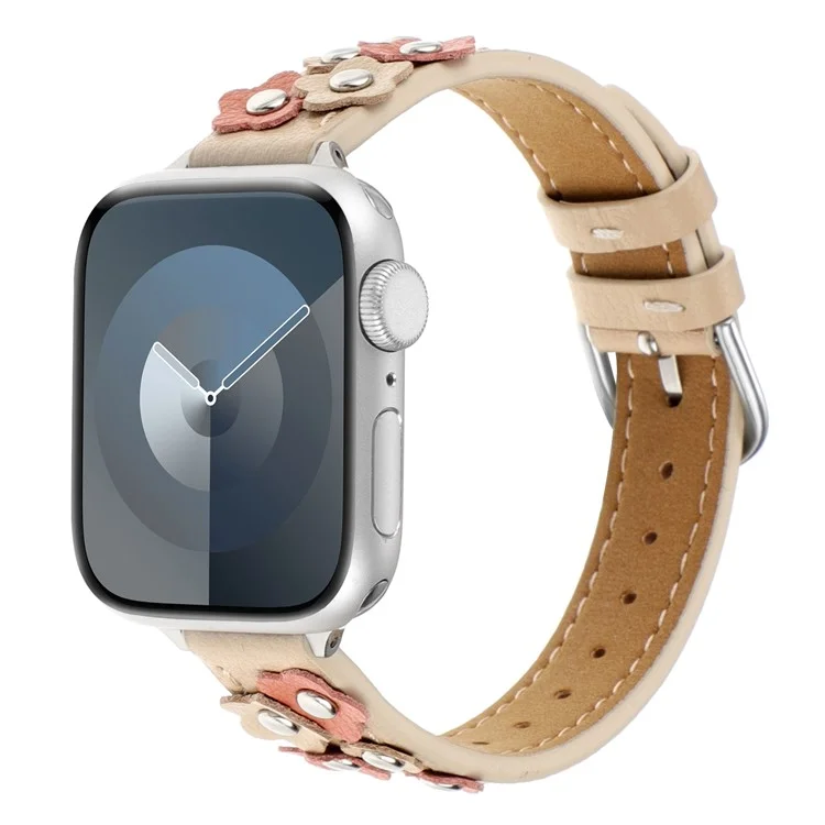 Watch Band for Apple Watch Series 10 42mm / 9 8 7 41mm / SE (2023) SE (2022) SE 6 5 4 40mm / 3 2 1 38mm PU Leather Watch Strap with Flower Rivets - Apricot