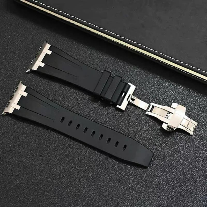 For Apple Watch 10 46mm / Ultra 2 / Ultra 49mm / 9 8 7 45mm / SE (2023) SE (2022) SE 6 5 4 44mm / 3 2 1 42mm Silicone Strap Butterfly Buckle Watchband - White