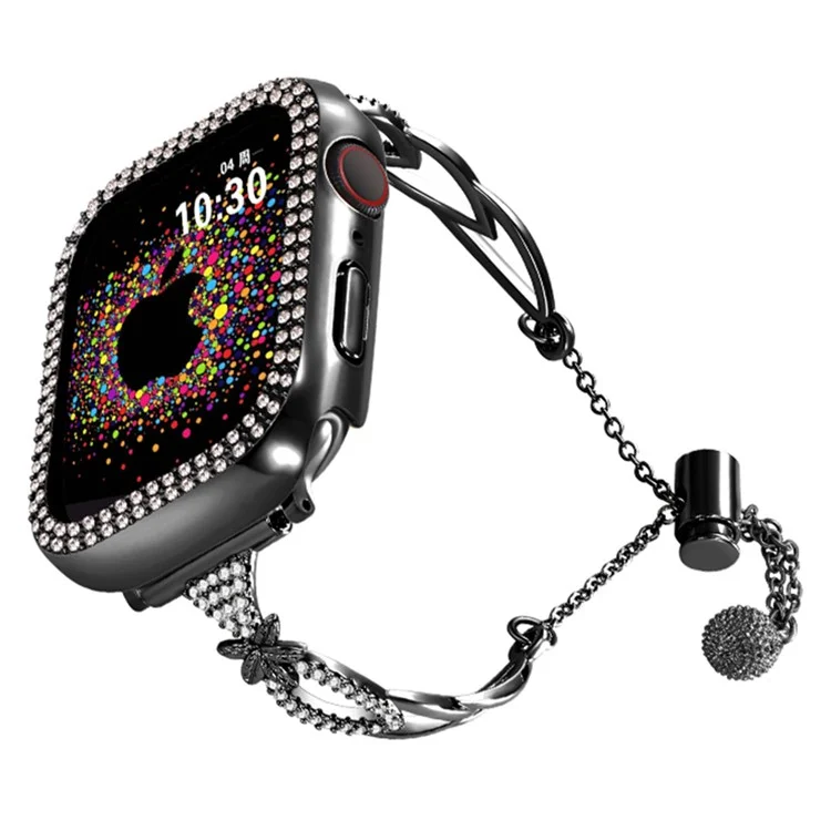 20mm Universal Smart Watch Band Rhinestone Decor Copper Bracelet Replacement Strap - Black