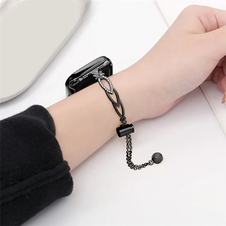 20mm Universal Smart Watch Band Rhinestone Decor Copper Bracelet Replacement Strap - Black