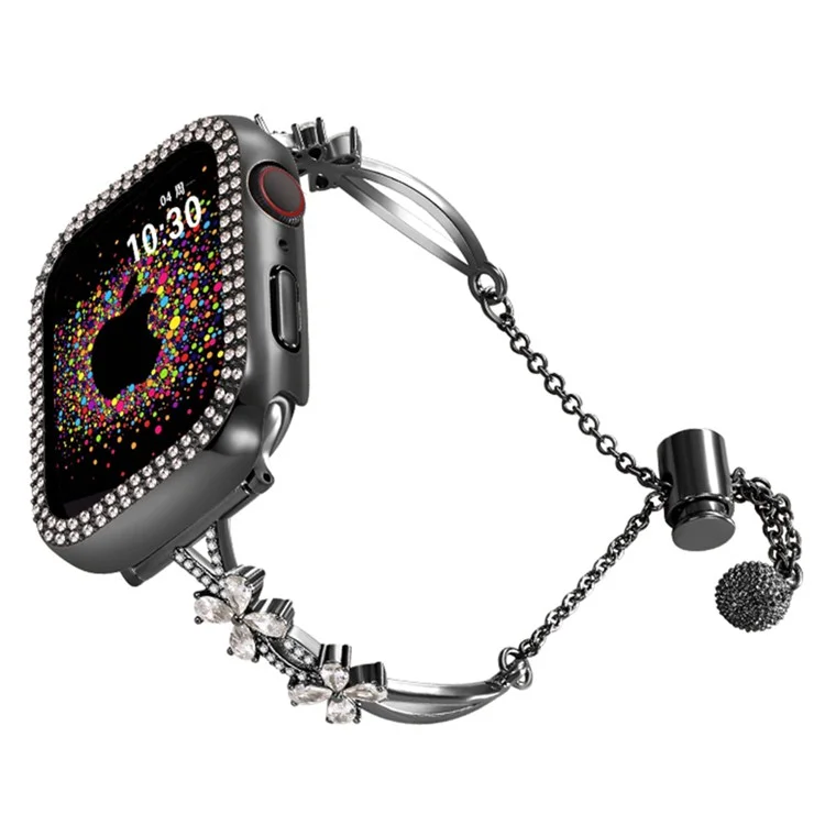 20mm Universal Rhinestone Flower Smart Watch Band Copper Bracelet Replacement Strap - Black