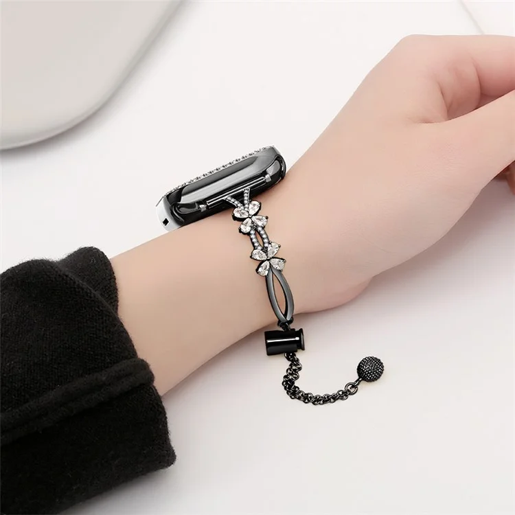 20mm Universal Rhinestone Flower Smart Watch Band Copper Bracelet Replacement Strap - Black