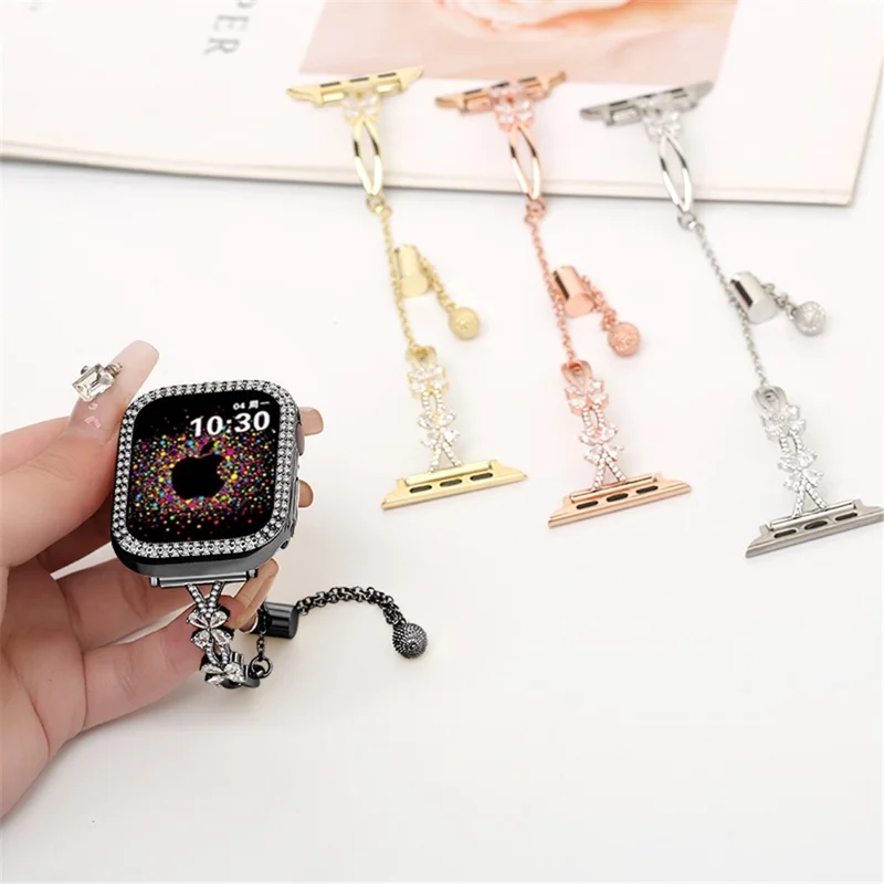 Bracelet en cuivre avec décoration de fleurs en strass pour Apple Watch Série 10 42 mm / 9 8 7 41 mm / 6 5 4 SE (2022) SE (2023) SE 40 mm / 3 2 1 38 mm - Noir
