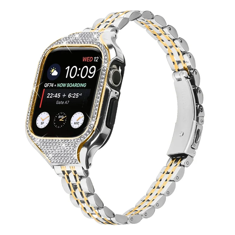 For Apple Watch Series 7 / 8 / 9 41mm Replacement 7 Beads Stainless Steel Strap with Watch Case - Gold Splicing