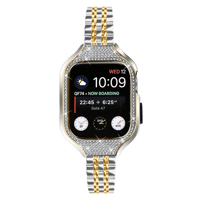 For Apple Watch Series 7 / 8 / 9 41mm Replacement 7 Beads Stainless Steel Strap with Watch Case - Gold Splicing