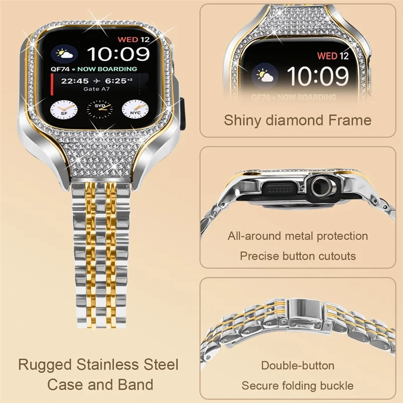 For Apple Watch Series 7 / 8 / 9 41mm Replacement 7 Beads Stainless Steel Strap with Watch Case - Gold Splicing