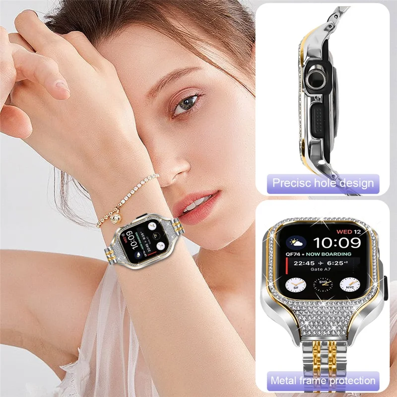 For Apple Watch Series 7 / 8 / 9 41mm Replacement 7 Beads Stainless Steel Strap with Watch Case - Gold Splicing