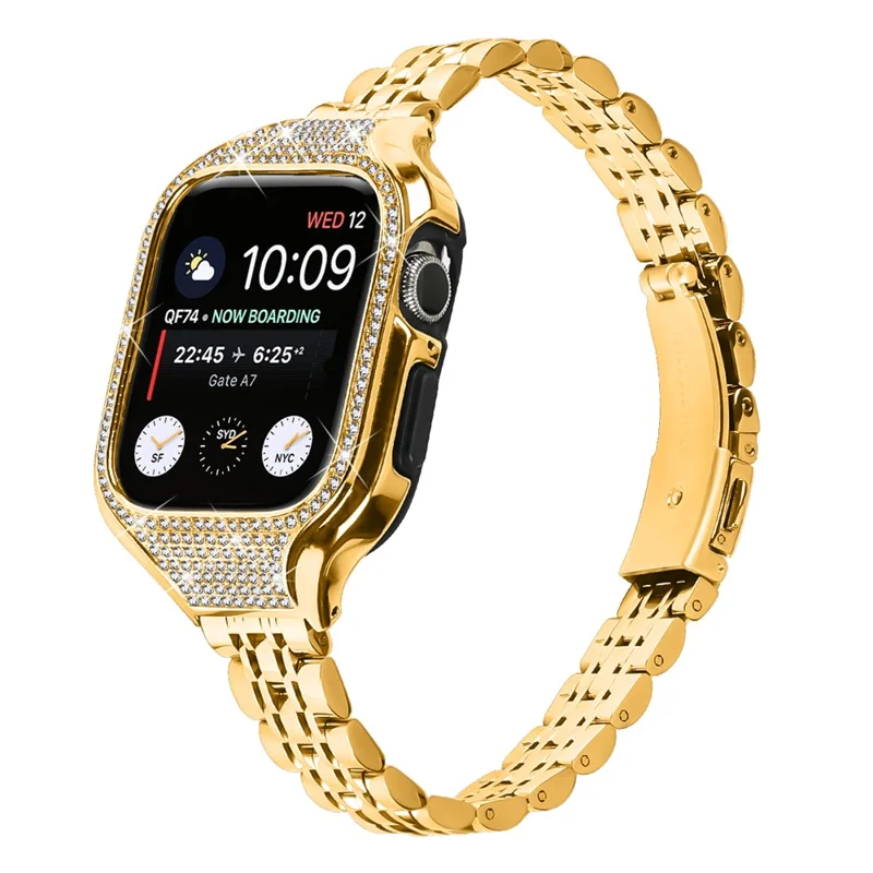 For Apple Watch Series 7 / 8 / 9 41mm Replacement 7 Beads Stainless Steel Strap with Watch Case - Gold
