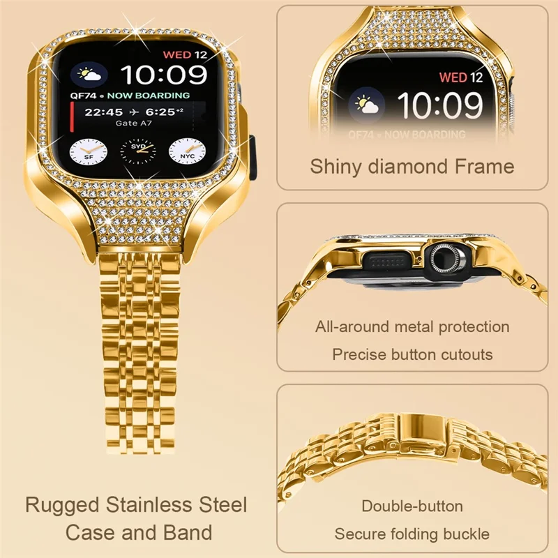 For Apple Watch Series 7 / 8 / 9 41mm Replacement 7 Beads Stainless Steel Strap with Watch Case - Gold