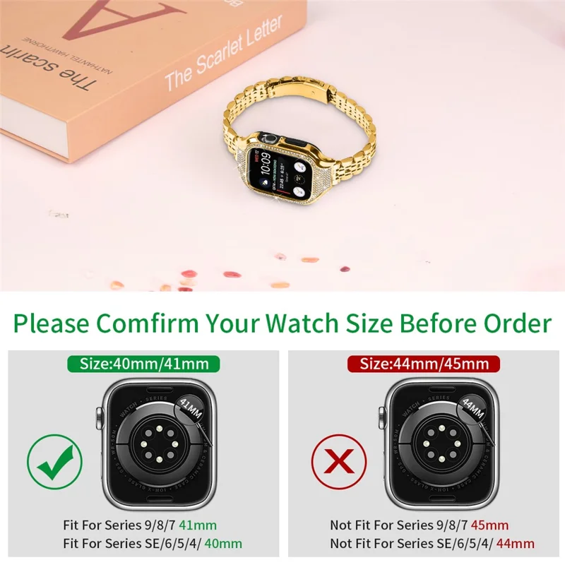 For Apple Watch Series 7 / 8 / 9 41mm Replacement 7 Beads Stainless Steel Strap with Watch Case - Gold