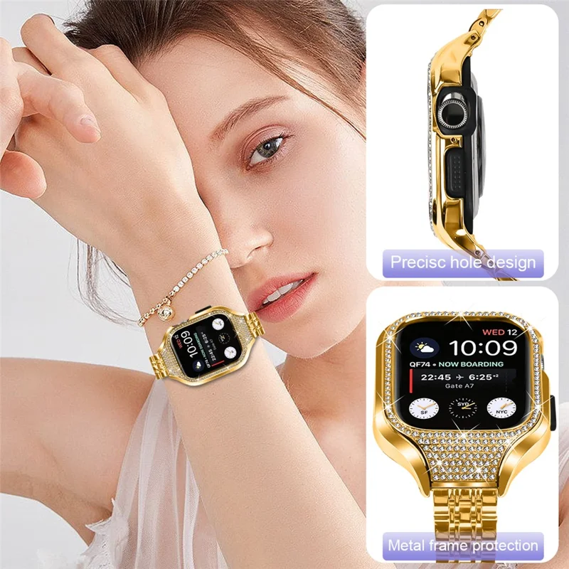 For Apple Watch Series 7 / 8 / 9 41mm Replacement 7 Beads Stainless Steel Strap with Watch Case - Gold