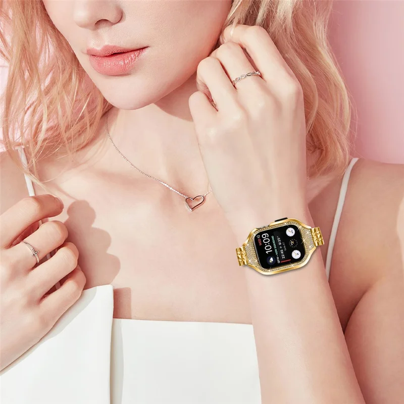 For Apple Watch Series 7 / 8 / 9 41mm Replacement 7 Beads Stainless Steel Strap with Watch Case - Gold