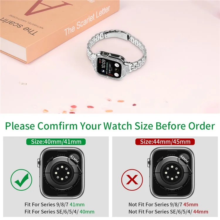 pour la série apple watch 6 / 5 / 4 / se (2022) / se (2023) / se 40mm 7 perles broche en acier inoxydable avec étui de montre en strass - argent