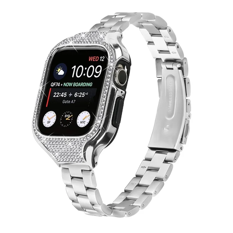 Für Apple Watch Series 7 / 8 / 9 41mm Faltbare Schließe 3 Perlen Edelstahlarmband mit Uhrengehäuse - Silber