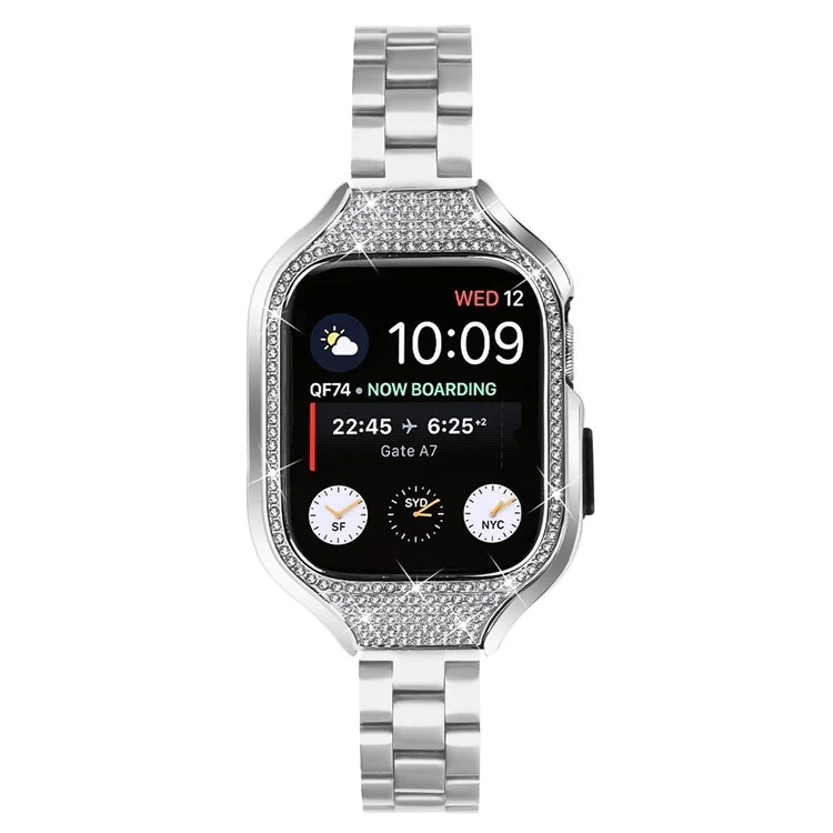 Für Apple Watch Series 7 / 8 / 9 41mm Faltbare Schließe 3 Perlen Edelstahlarmband mit Uhrengehäuse - Silber