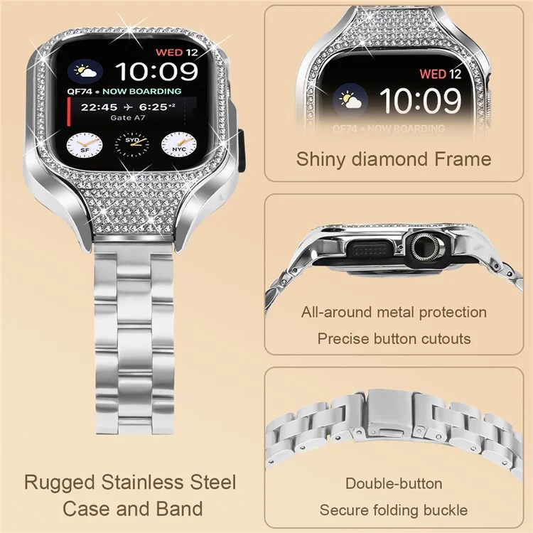 Für Apple Watch Series 7 / 8 / 9 41mm Faltbare Schließe 3 Perlen Edelstahlarmband mit Uhrengehäuse - Silber