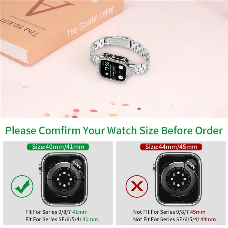 Für Apple Watch Series 7 / 8 / 9 41mm Faltbare Schließe 3 Perlen Edelstahlarmband mit Uhrengehäuse - Silber
