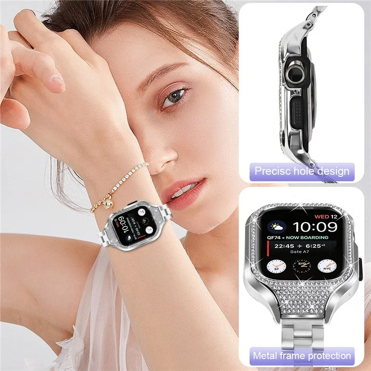 Für Apple Watch Series 7 / 8 / 9 41mm Faltbare Schließe 3 Perlen Edelstahlarmband mit Uhrengehäuse - Silber