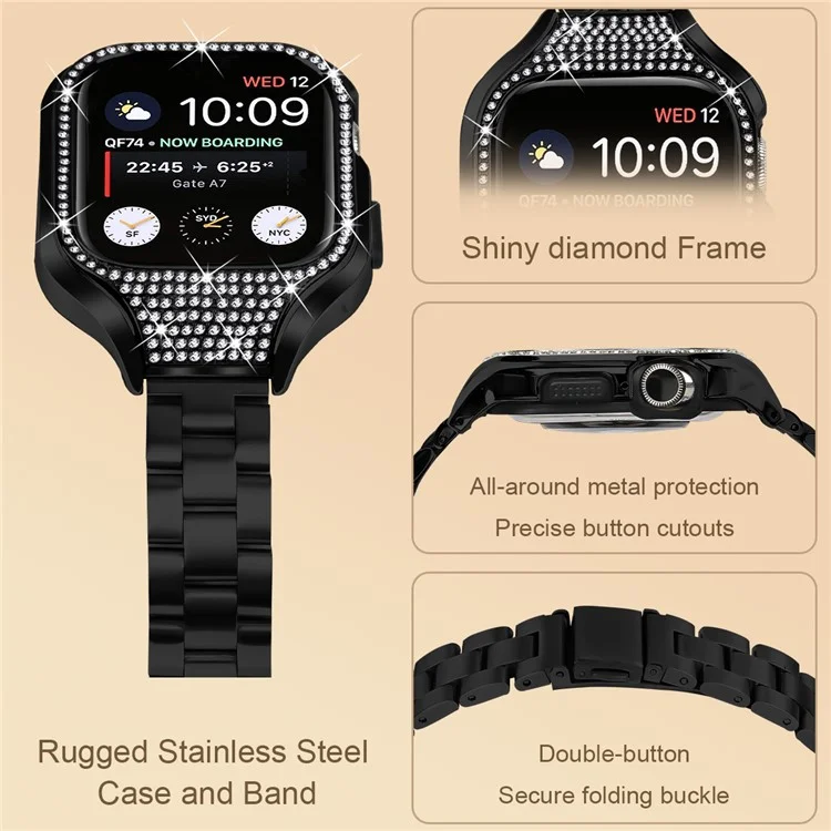 For Apple Watch Series 6  /  5  /  4  /  SE (2022)  /  SE (2023)  /  SE 40mm 3 Beads Stainless Steel Watch Band with Watch Case - Black