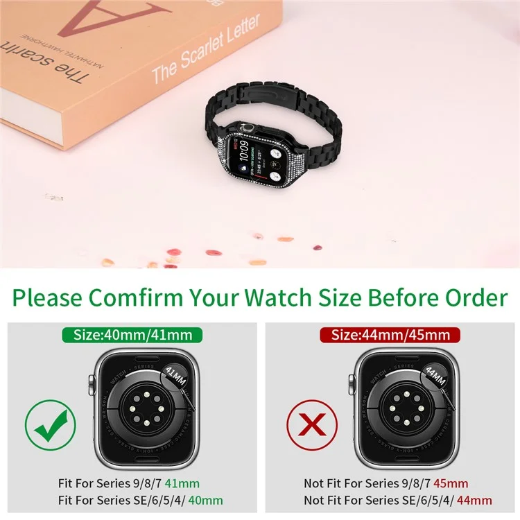 For Apple Watch Series 6  /  5  /  4  /  SE (2022)  /  SE (2023)  /  SE 40mm 3 Beads Stainless Steel Watch Band with Watch Case - Black