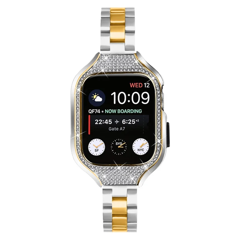Per Apple Watch Series 7 / 8 / 9 41mm Fibbia Design Cinturino in Acciaio Inossidabile con Custodia per Orologio - Argento+Oro