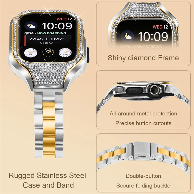 Per Apple Watch Series 7 / 8 / 9 41mm Fibbia Design Cinturino in Acciaio Inossidabile con Custodia per Orologio - Argento+Oro