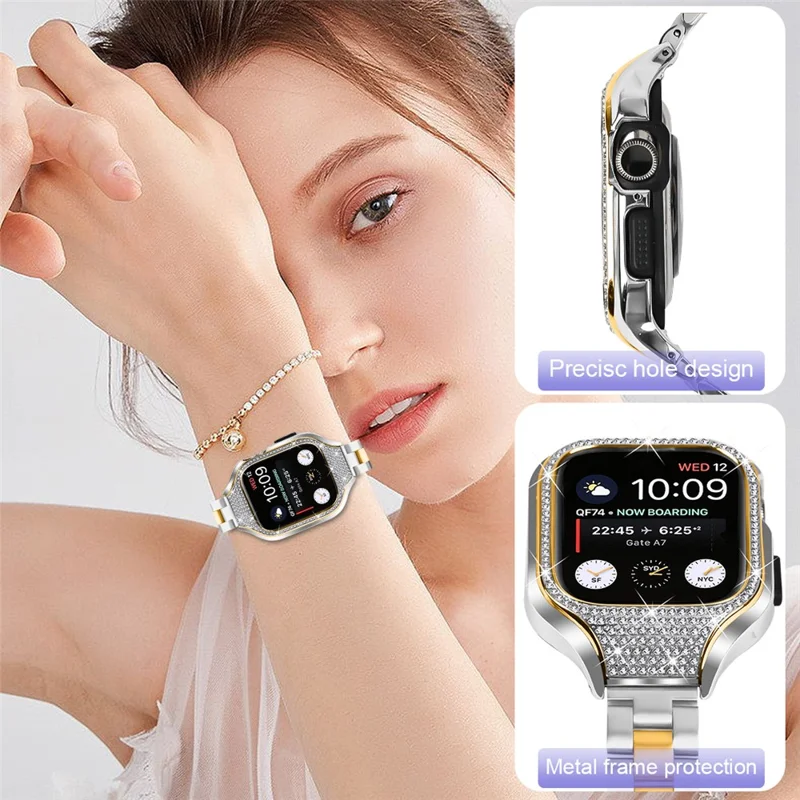 Per Apple Watch Series 7 / 8 / 9 41mm Fibbia Design Cinturino in Acciaio Inossidabile con Custodia per Orologio - Argento+Oro