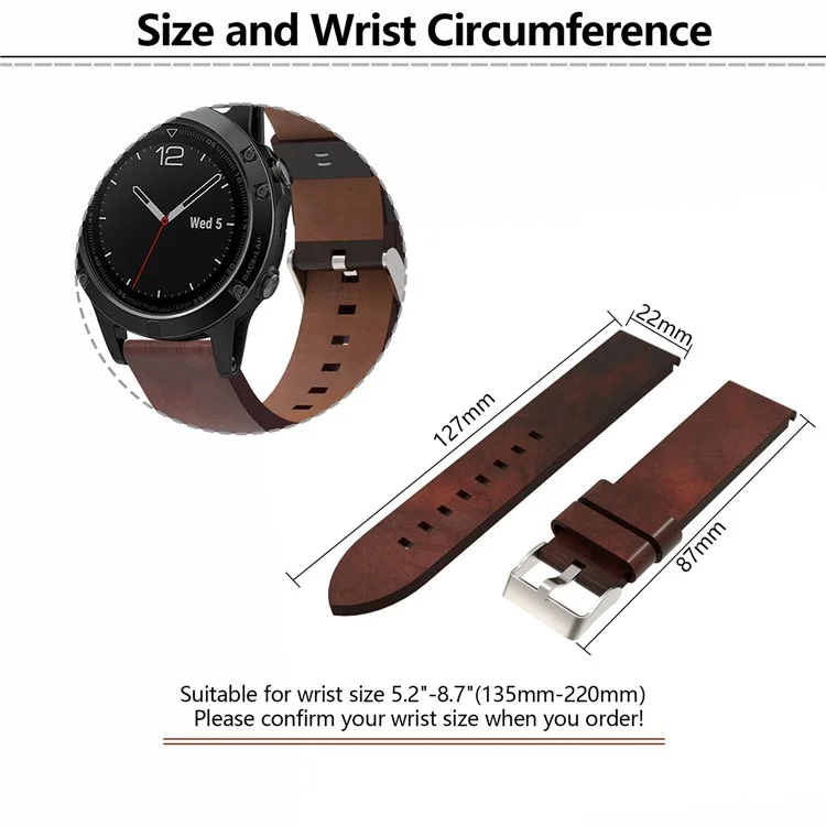 KALEBOL KLB-FGZP-001 Para Garmin Fenix 7 / 7 Pro Retro Watch Band QuickFit 22mm Genuine Cow Leather Wrist Strap - Brown