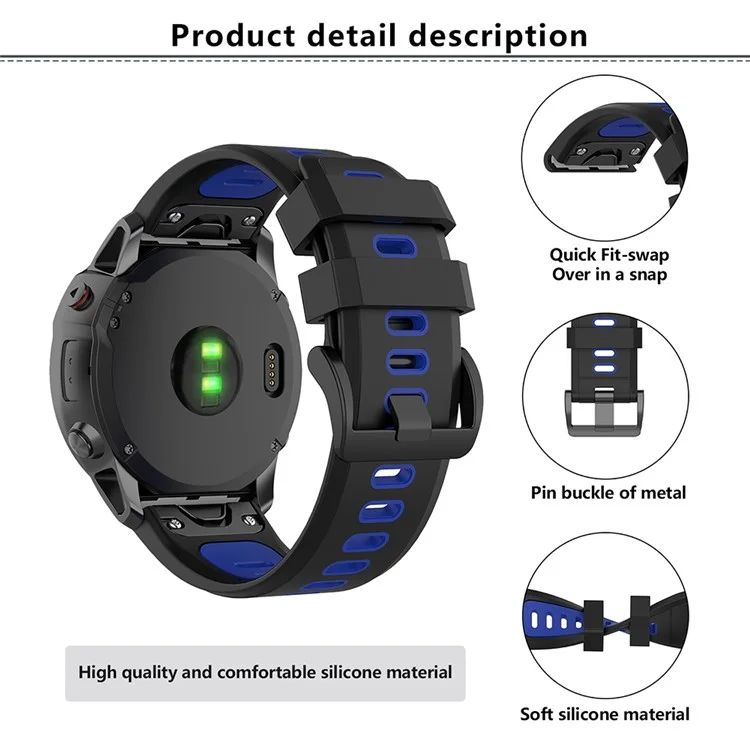 KALEBOL KLB-SSPWGJ-001 Para Reloj Garmin Fenix 7 / 7 Pro Correa de Reloj QuickFit 22mm Silicona Flexible - Negro+Azul