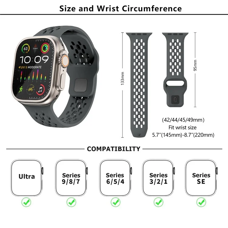 KALEBOL для Apple Watch 10 46 мм / Ultra 2 / Ultra 49 мм / 9 8 7 45 мм / SE (2023) SE (2022) SE 6 5 4 44 мм / 3 2 1 42 мм Fluorubber Watch Band - темно-серый