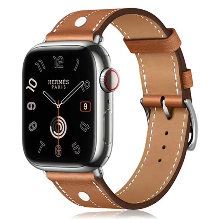 KALEBOL Strap For Apple Watch Series 10 42mm / 9 8 7 41mm / SE (2023) SE (2022) SE 6 5 4 40mm / 3 2 1 38mm Genuine Cow Leather Band Rivet Decor - Brown