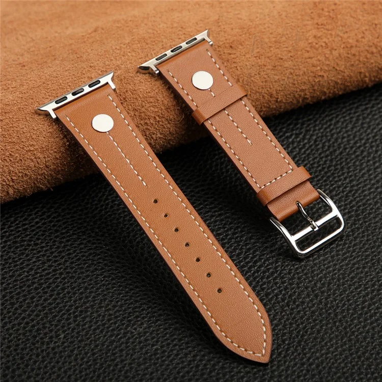 KALEBOL Strap For Apple Watch Series 10 42mm / 9 8 7 41mm / SE (2023) SE (2022) SE 6 5 4 40mm / 3 2 1 38mm Genuine Cow Leather Band Rivet Decor - Brown