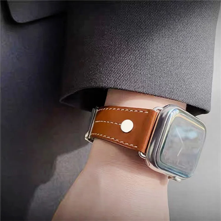 KALEBOL Strap For Apple Watch Series 10 42mm / 9 8 7 41mm / SE (2023) SE (2022) SE 6 5 4 40mm / 3 2 1 38mm Genuine Cow Leather Band Rivet Decor - Brown