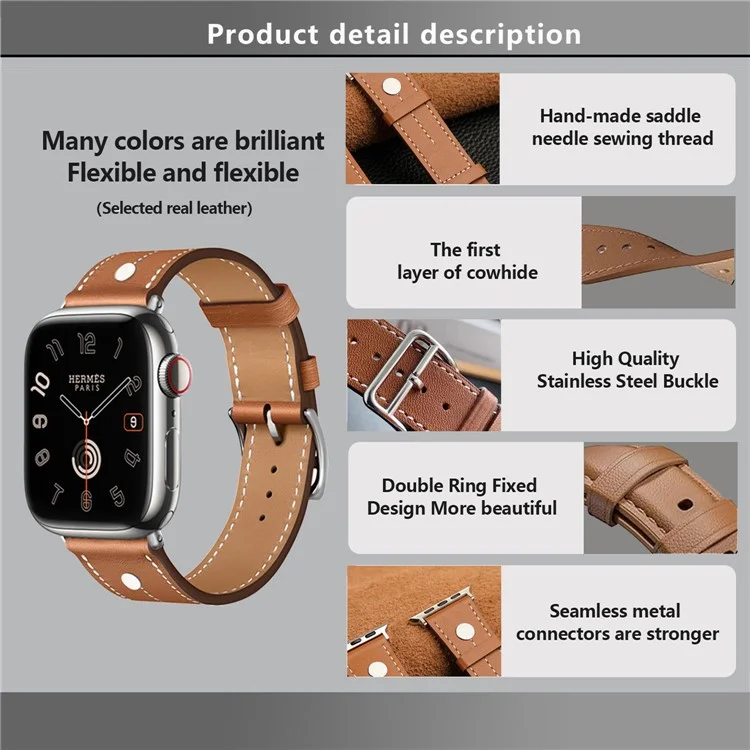 KALEBOL Strap For Apple Watch Series 10 42mm / 9 8 7 41mm / SE (2023) SE (2022) SE 6 5 4 40mm / 3 2 1 38mm Genuine Cow Leather Band Rivet Decor - Brown