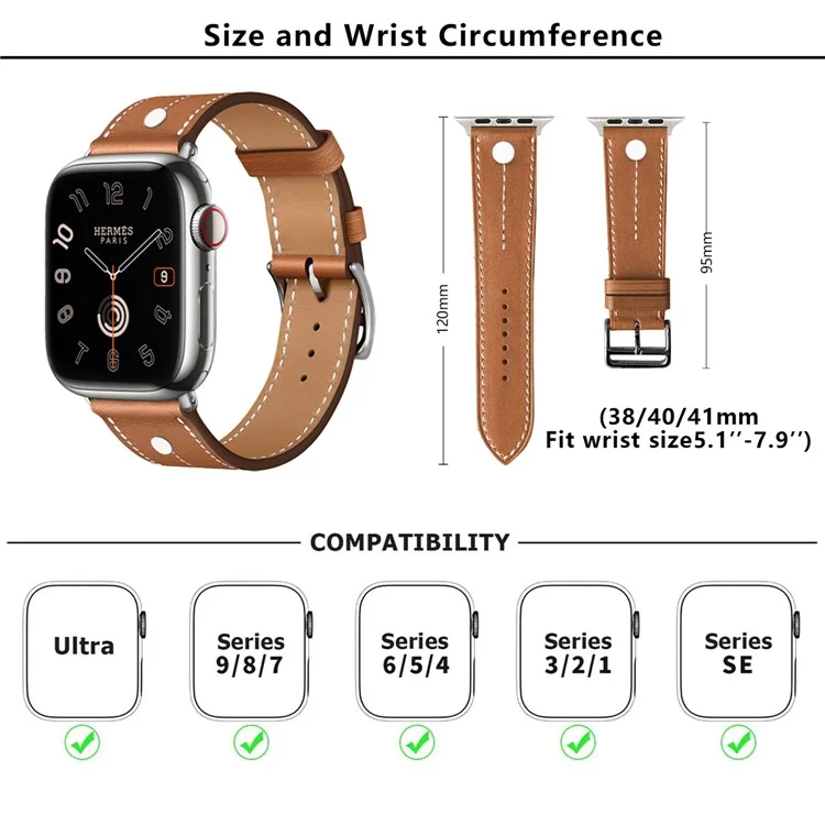 KALEBOL Strap For Apple Watch Series 10 42mm / 9 8 7 41mm / SE (2023) SE (2022) SE 6 5 4 40mm / 3 2 1 38mm Genuine Cow Leather Band Rivet Decor - Brown