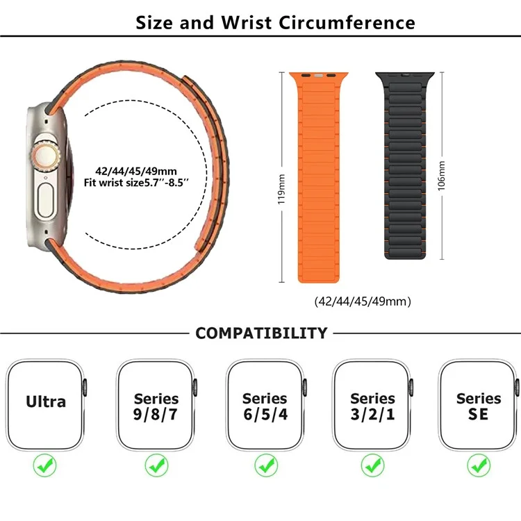KALEBOL KLB-CXGJ-001 für Apple Watch 10 46mm / Ultra 2 / Ultra 49mm / 9 8 7 45mm / SE (2023) SE (2022) SE 6 5 4 44mm / 3 2 1 42mm Armband - Blakc / Orange