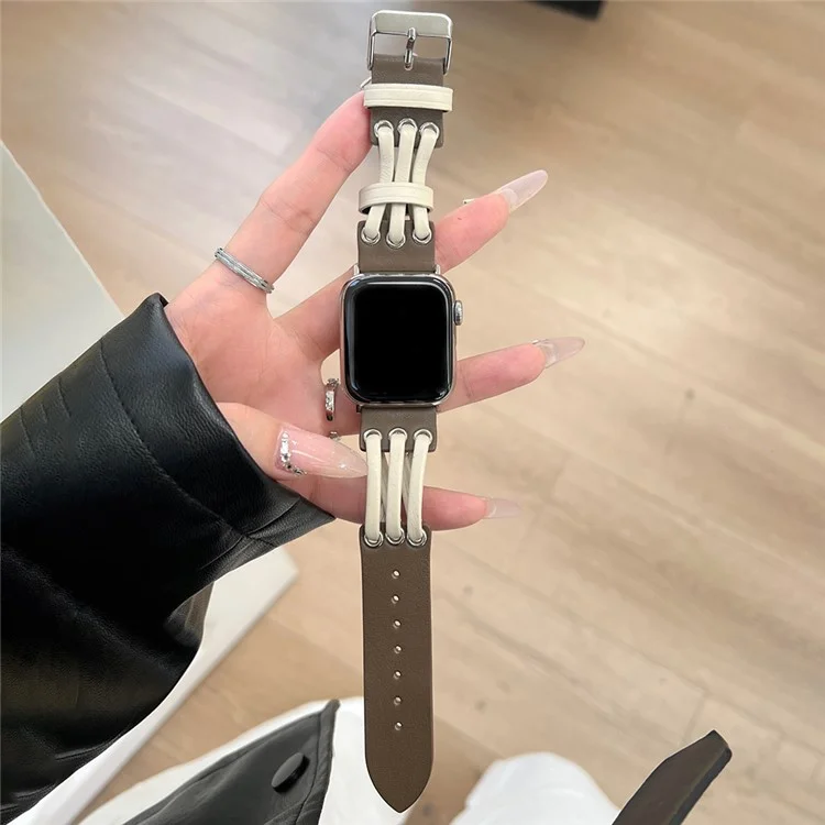 Strap For Apple Watch Series 10 42mm / 9 8 7 41mm / SE (2023) SE (2022) SE 6 5 4 40mm / 3 2 1 38mm Genuine Cow Leather Watch Band - White / Coffee