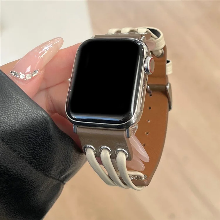 Strap For Apple Watch Series 10 42mm / 9 8 7 41mm / SE (2023) SE (2022) SE 6 5 4 40mm / 3 2 1 38mm Genuine Cow Leather Watch Band - White / Coffee