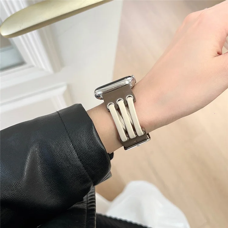 Strap For Apple Watch Series 10 42mm / 9 8 7 41mm / SE (2023) SE (2022) SE 6 5 4 40mm / 3 2 1 38mm Genuine Cow Leather Watch Band - White / Coffee