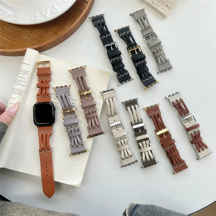 Strap For Apple Watch Series 10 42mm / 9 8 7 41mm / SE (2023) SE (2022) SE 6 5 4 40mm / 3 2 1 38mm Genuine Cow Leather Watch Band - White / Coffee