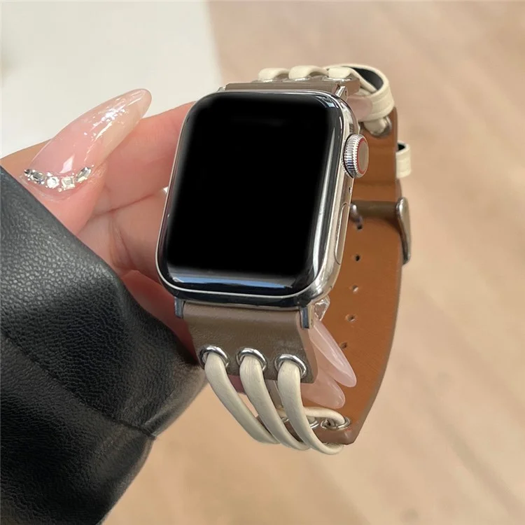 Para Apple Watch 10 46mm / Ultra 2 / Ultra 49mm / 9 8 7 45mm / SE (2023) SE (2022) SE 6 5 4 44mm / 3 2 1 42mm Genuine Cow Leather Strap Bracelet - Branco / Café