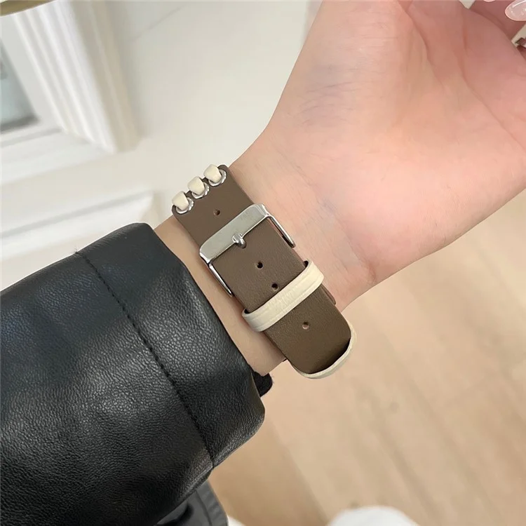 Para Apple Watch 10 46mm / Ultra 2 / Ultra 49mm / 9 8 7 45mm / SE (2023) SE (2022) SE 6 5 4 44mm / 3 2 1 42mm Genuine Cow Leather Strap Bracelet - Branco / Café