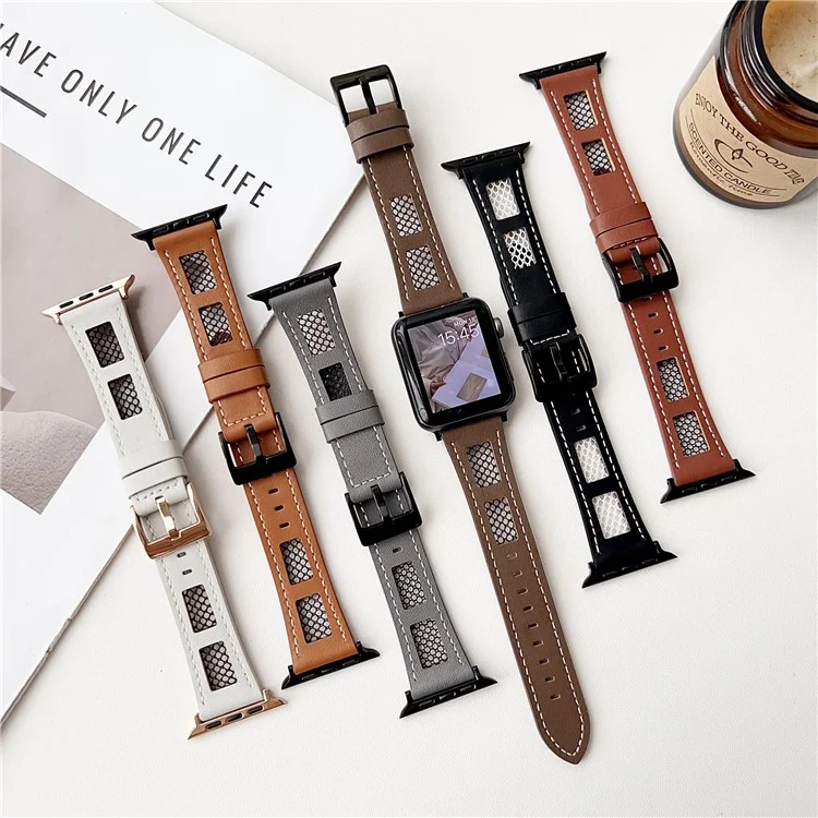 Pour Apple Watch 10 46mm / Ultra 2 / Ultra 49mm / 9 8 7 45mm / SE (2023) SE (2022) SE 6 5 4 44mm / 3 2 1 42mm Sangles de montre en mesh PU Leather - Café