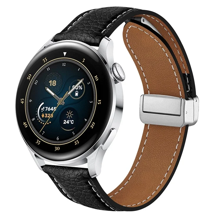 Para Samsung Galaxy Watch6 Classic 43mm / Watch6 40mm Pulseira 20mm Textura de Litchi Banda com Fivela Magnética - Preto